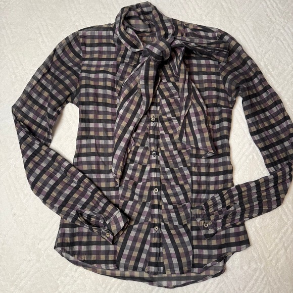 Billy Reid Tops - Dark Academia Preppy Billy Reid Sheer Plaid Tie Neck Blouse Size 2 Flawed